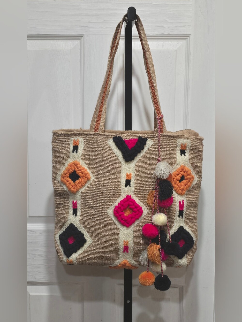 America & Beyond Beige/Tan Woven Jute Boho Tote Pink & Orange Geometric Accents